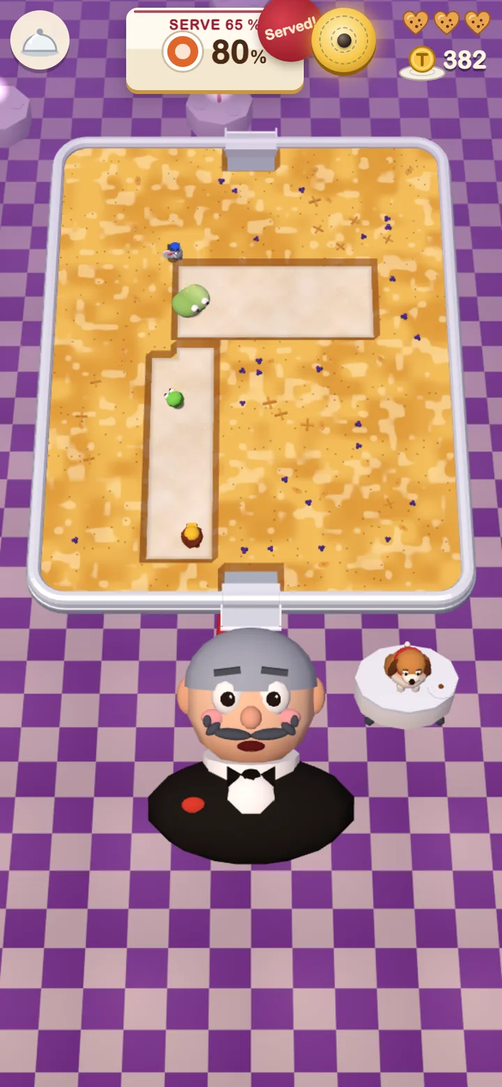 A tray of food on a purple banquet floor, half of it claimed, with the waiter and Gravy the dog below